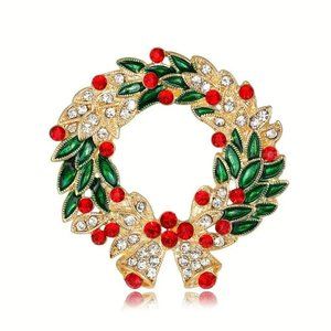 BEST SELLER Christmas Wreath Brooch Pin Bells Rhinestones